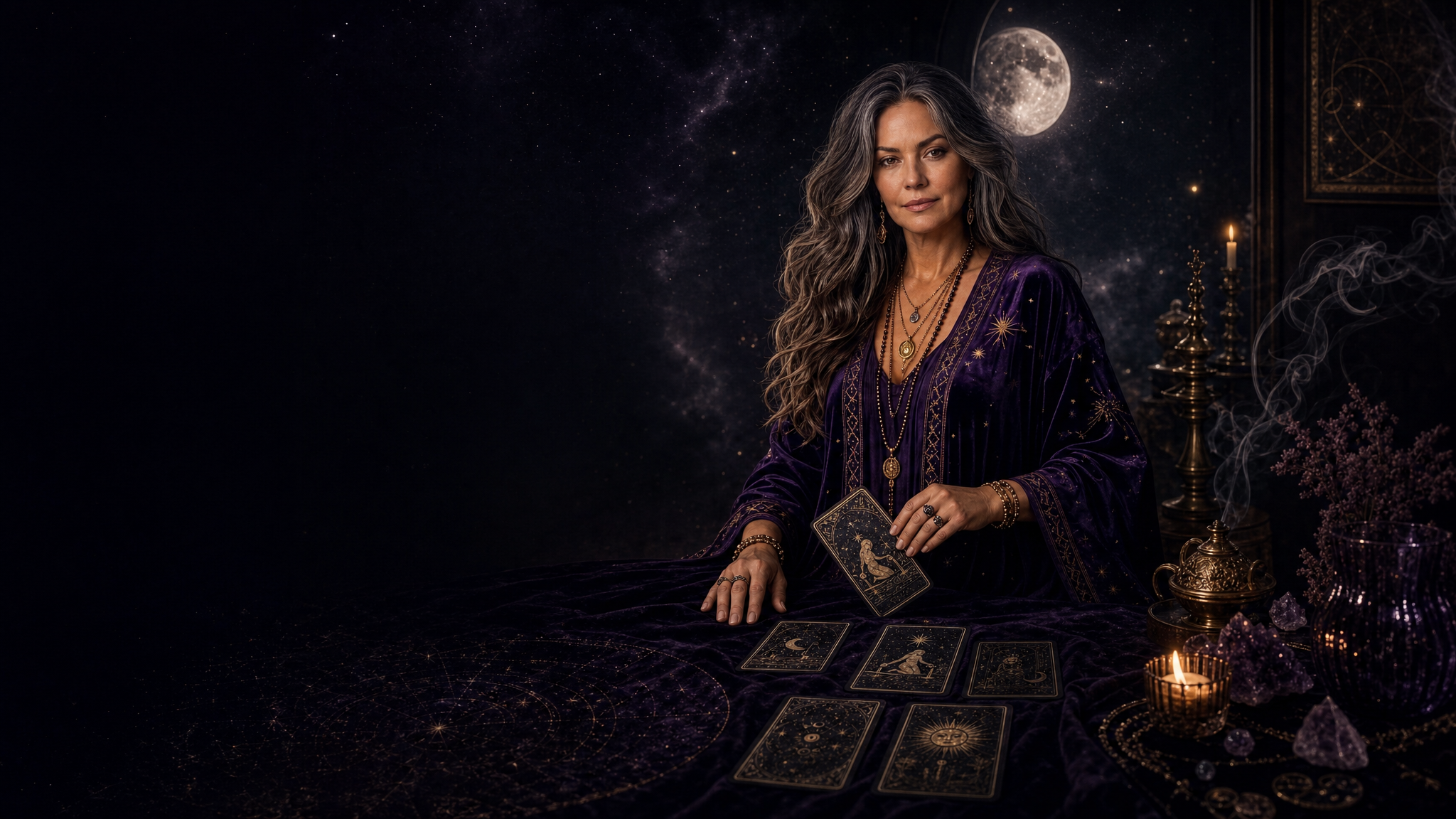 Cassandra in a moonlit tarot room with velvet, cards, candle glow, stars, and antique gold details